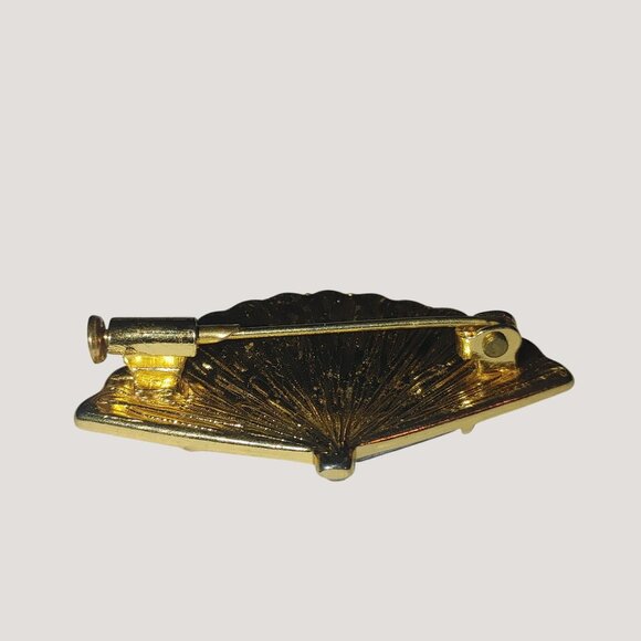 Vintage Damascene Brooch Small Gold Tone Black Enamel Fan Bird Floral Design - Picture 10 of 16
